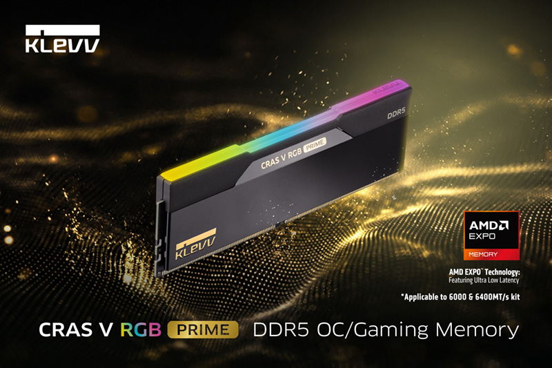 Imagem de divulgação da Klevv mostra um módulo CRAS V RGB PRIME preto e dourado com iluminação RGB, sem representar teste do Garimpanda